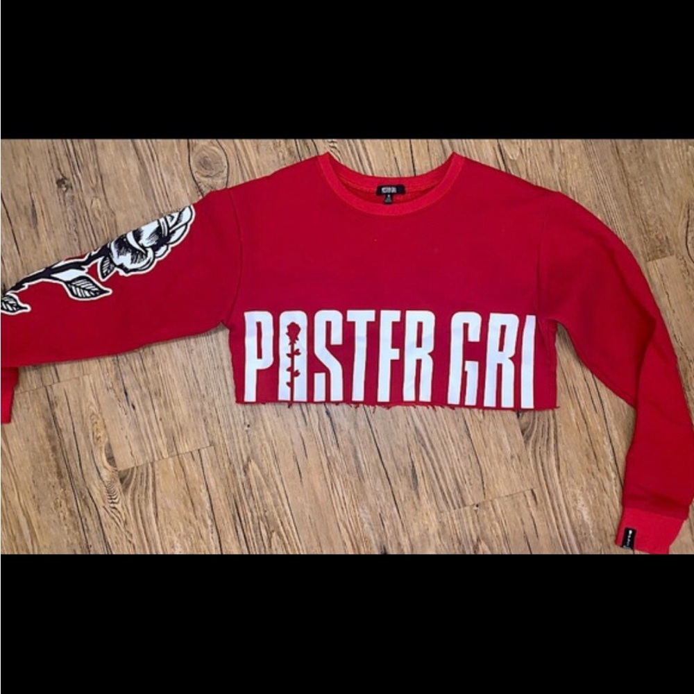 POSTER GIRL Red Cropped Crewneck with White Logo & Sleeve Rose